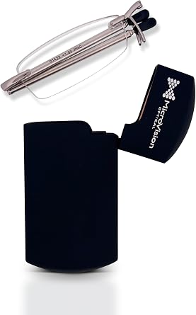 Executive Rimless Folding Reading Glasses With Compact Case For Women and Men, Slim, Lightweight Portable