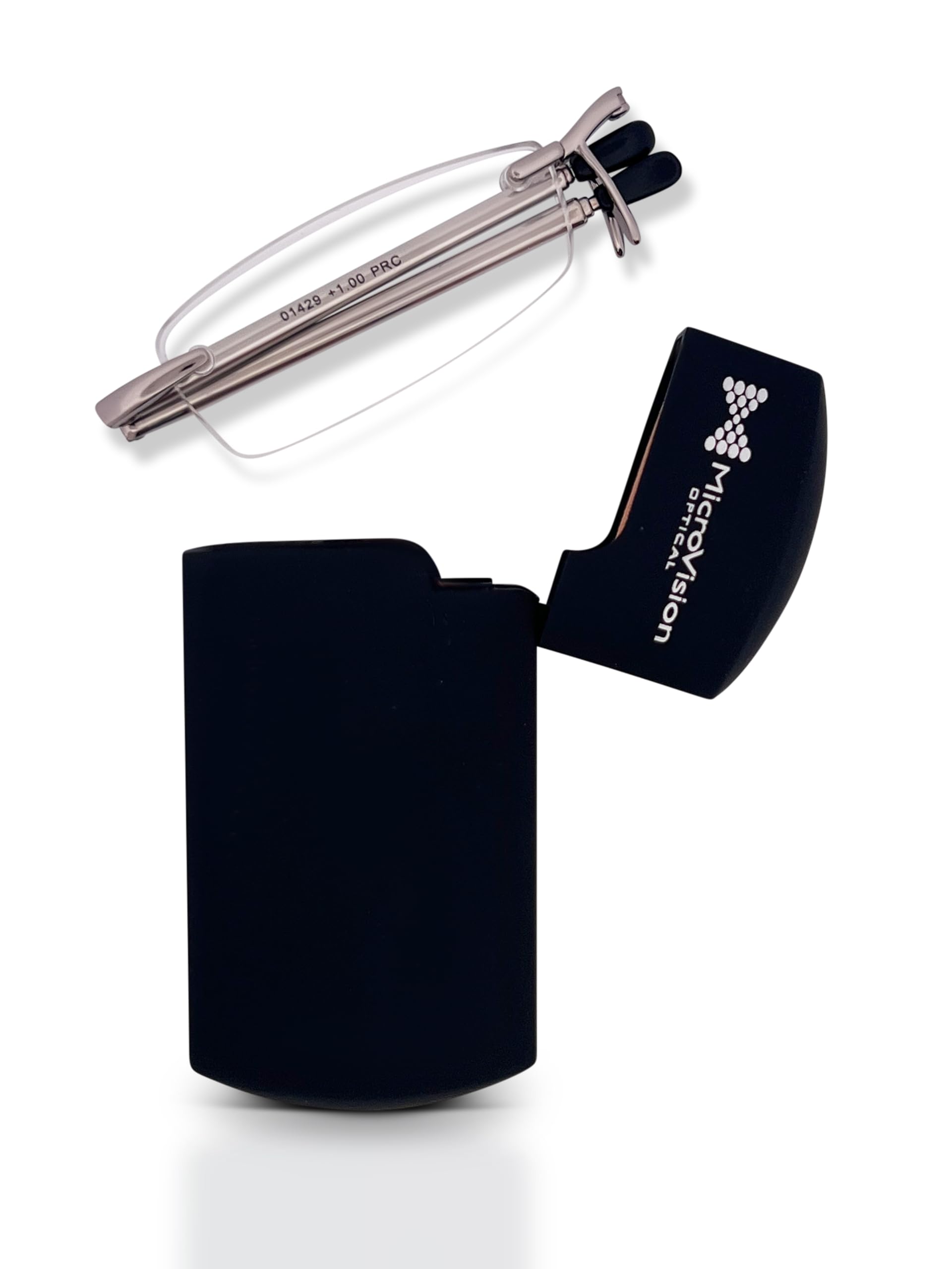 Executive Rimless Folding Reading Glasses With Compact Case For Women and Men, Slim, Lightweight Portable, Gunmetal, +2.00
