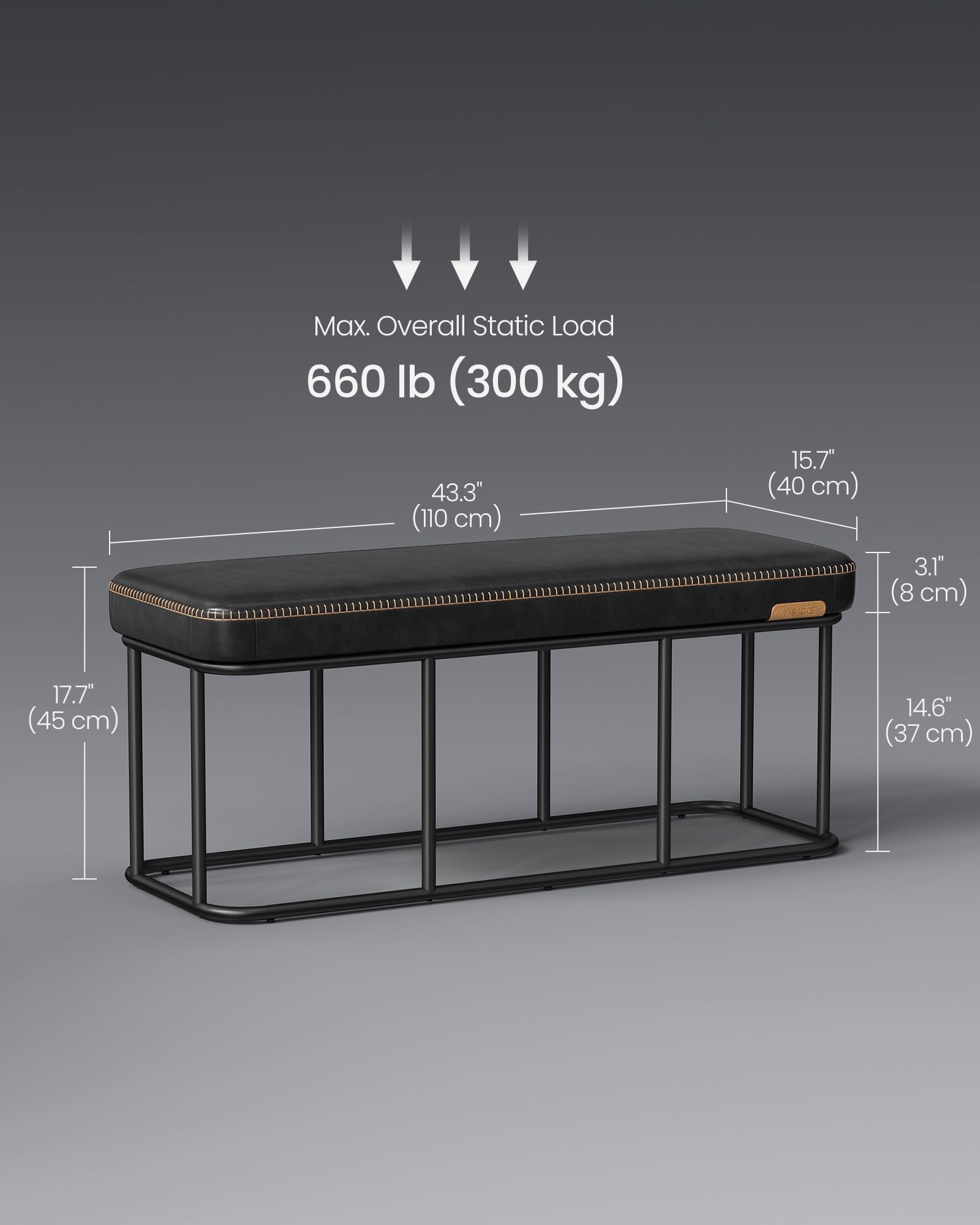 VASAGLE EKHO Collection - Storage Bench for Entryway, Ottoman Bench with Steel Frame, 43.3-Inch Wide, Synthetic Leather, Living Dining Room, Mid-Century Modern, Loads 660 lb, Ink Black ULOM085B01
