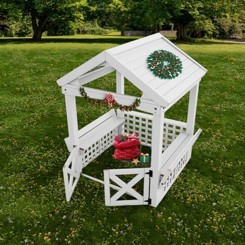 Wooden Outdoor Playhouse for Kids with Roof and Bench, Natural Fir Wood Backyard Playground House for Children Ages 3-8
