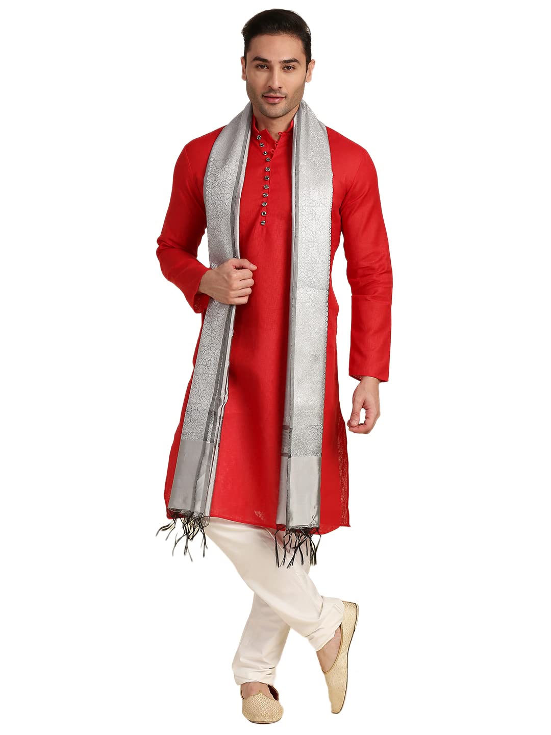 dupatta bazaar Men's Silver Banarasi Silk Dupatta For Kurta/Sherwani/Achkan, free size-picture-44
