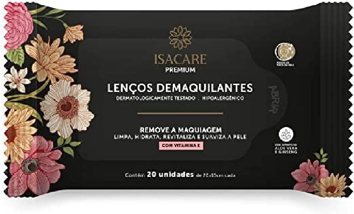Lenços Demaquilantes Premium, Isacare, 20 Unidades