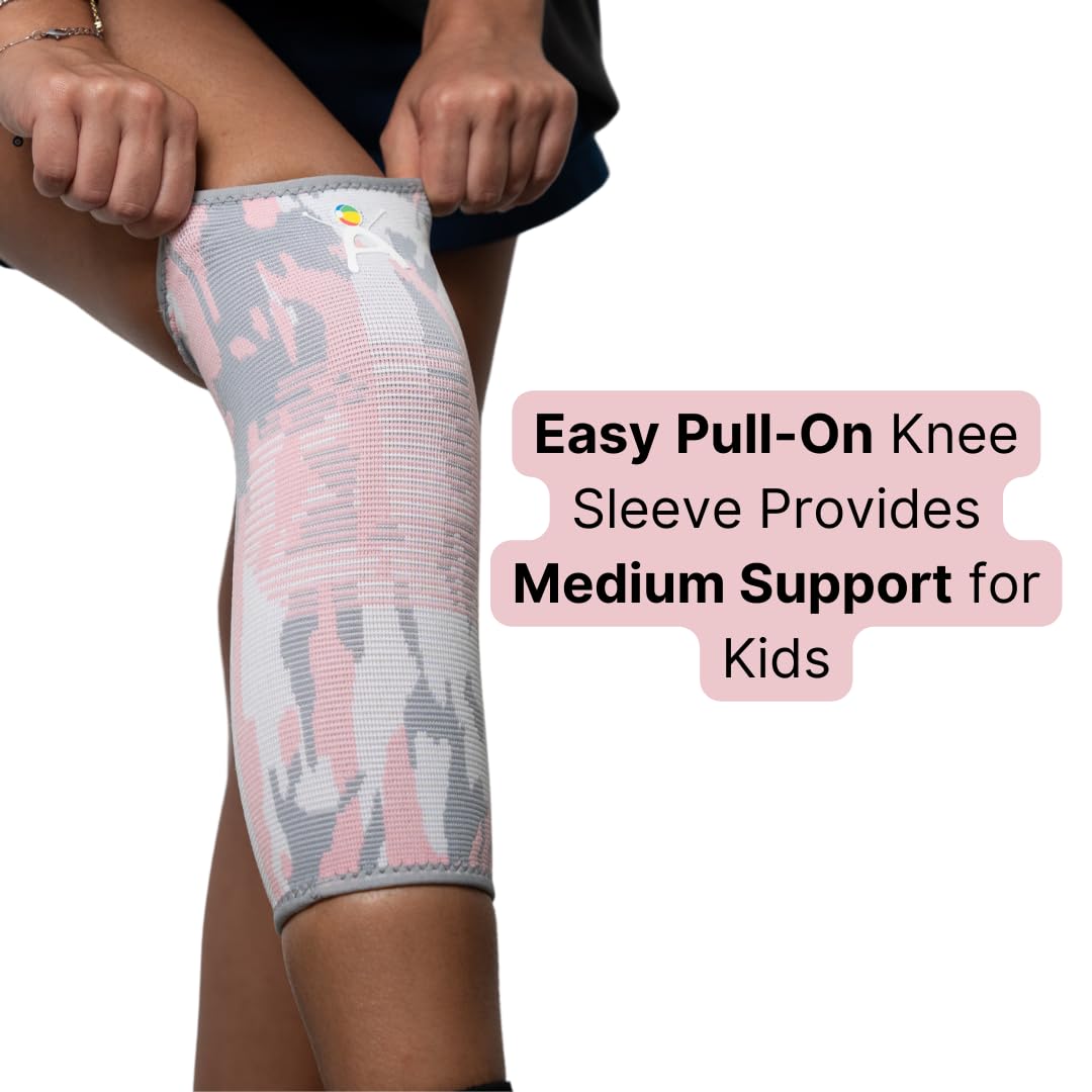 Kids Knee Brace Sleeve – Youth Knee Compression Support for Children | Knee Pain Relief & Sports Use – Boys & Girls Sizes for Basketball, Gymnastics, & Everyday Wear (2, Pink Camouflage, Medium)