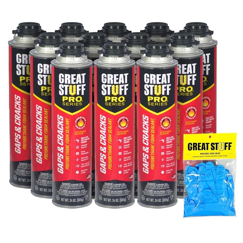 GREAT STUFF PRO Gaps & Cracks 24 oz Fireblock Polyurethane Foam Sealant, Pack of 12 with Great Stuff Gloves, Closed Cell, Expanding Spray Foam