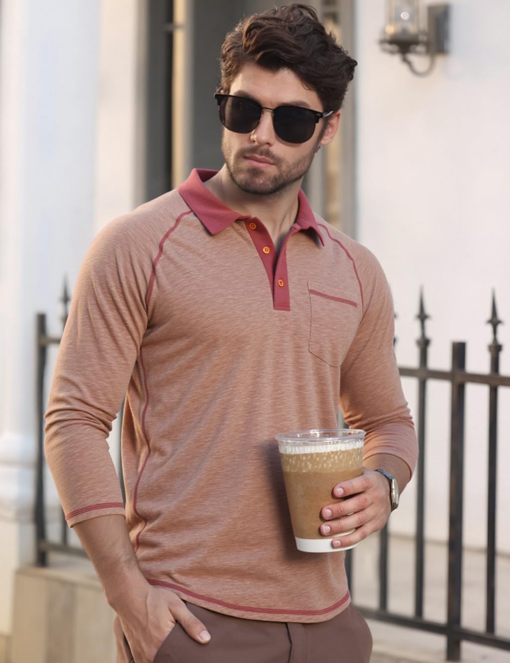 Mens Long Sleeve Polo Shirts with Pocket Fashion Casual Classic Collared Golf Shirt - Image 5