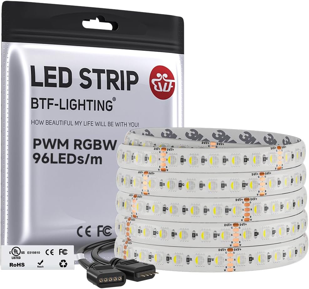 BTF-LIGHTING UL Listed RGBW LED Strip Lights,5050 4 Colors in 1 RGB + 2700K-3000K Warm White,24V DC,16.4ft/5m 96LEDs/m 12mm White PCB, IP65 Waterproof for Home Decoration(No Adapter or Controller)