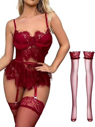 Lilosy Sexy Stocking Underwire Babydoll Lace Mesh Garter Lingerie Set with Panty 4 Piece
