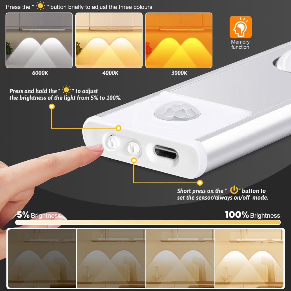 20 cm Under Cupboard Kitchen Lights with Motion Sensor LED Sensor Light Indoor USB Rechargeable Cabinet Lights Fully Dimmable Wireless Night Light for Kitchen Bedroom - Image 2