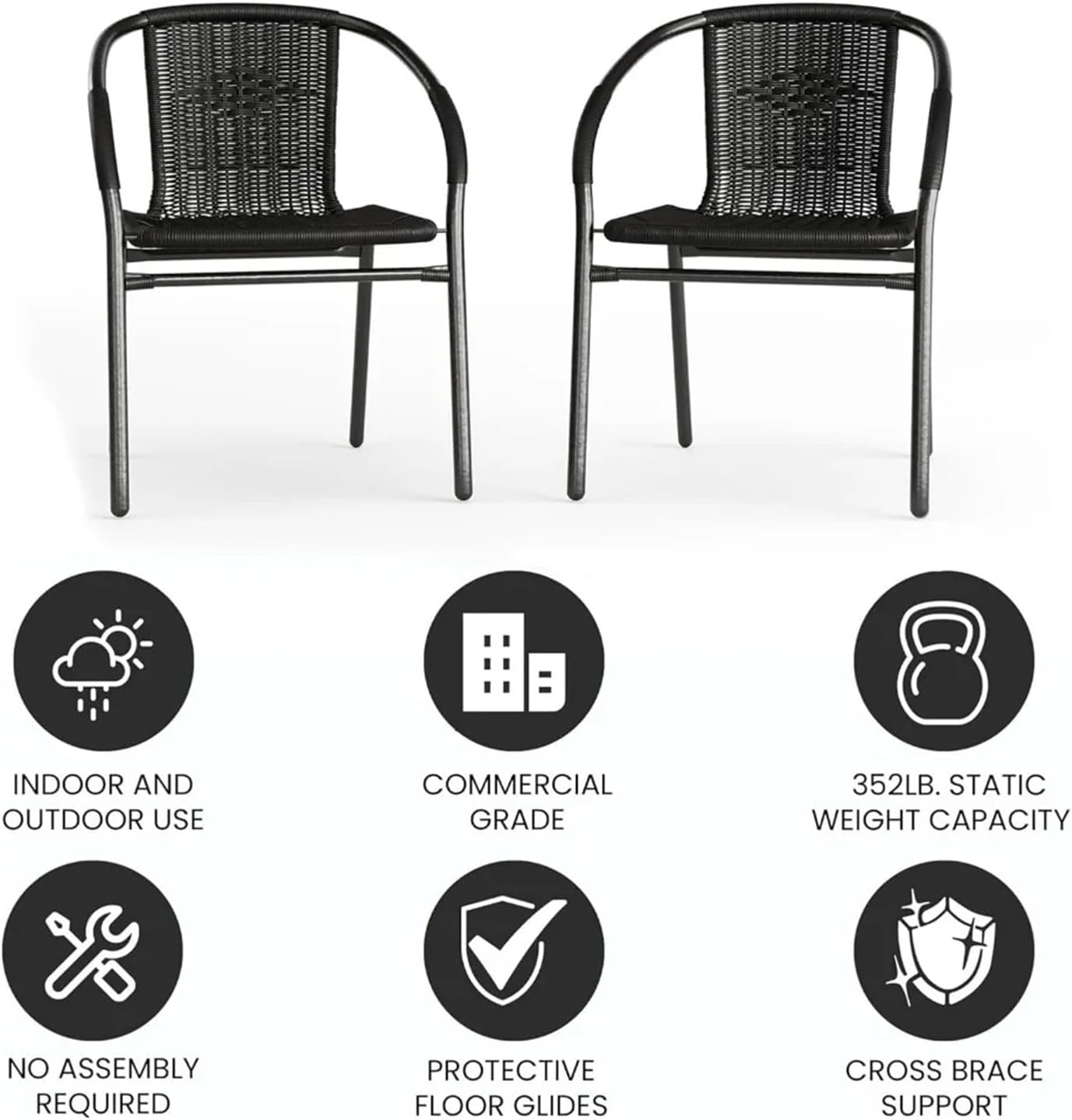 Dining Chairs Outdoor 1pcs Black Rattan Indoor-Outdoor Stack Dining Chairs with Curved Back