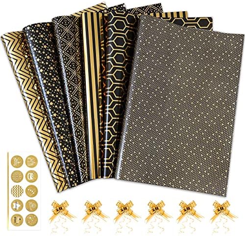 Larcenciel Gift Wrapping Paper Set, 6 Sheets Metallic Black Gold Foil Wrapping Paper w/Gift Bow & Sticker, Shiny Luxury Men Boys Gift Wraps for Birthday, Holiday, Graduation, Baby Shower, 70 X 50 CM - 1