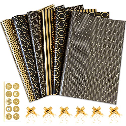 Larcenciel Gift Wrapping Paper Set, 6 Sheets Metallic Black Gold Foil Wrapping Paper w/Gift Bow & Sticker, Shiny Luxury Men Boys Gift Wraps for Birthday, Holiday, Graduation, Baby Shower, 27.5x19.6in - Image 3