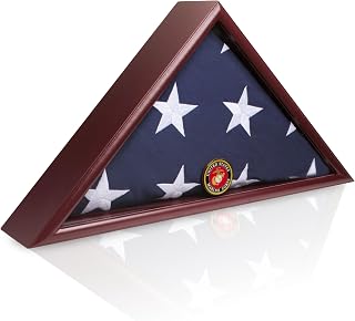 DECOMIL - American Veteran Burial Flag Display Case, Casket Flag Stand, Flag Box Display Case for Burial Flag, for 5"x9" Flag, Flat Base, Marine Corps.