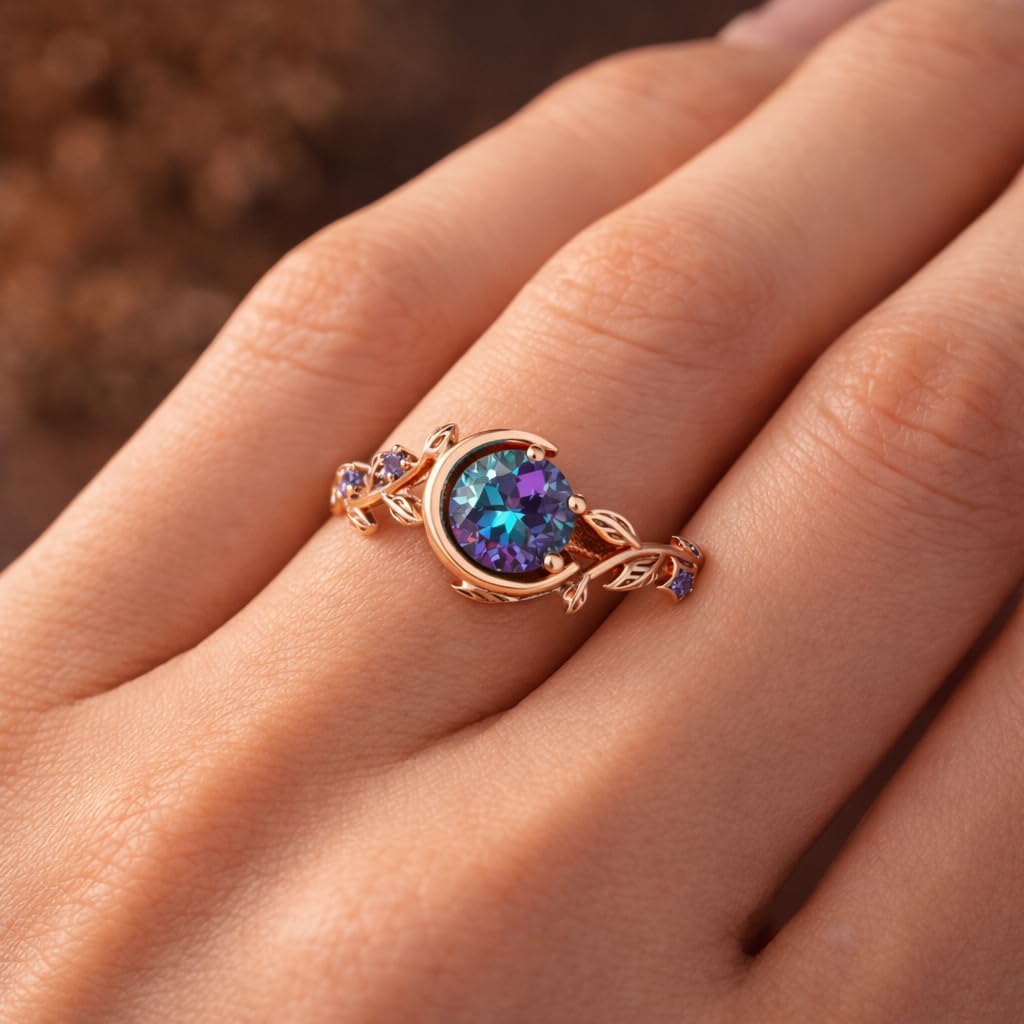 Round Alexandrite Engagement Ring 14K Rose Gold Crescent Moon Star Cluster Design June Birthstone Color Change Ring Celestial Anniversary Jewelry Gift for Women