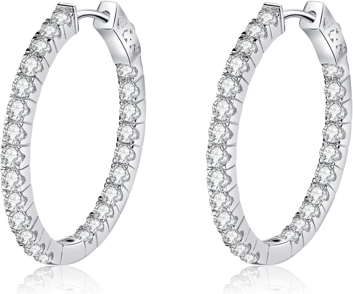 Moissanite Hoop Earrings,2.88ct D Color Brilliant Round Cut Lock Hoop Earrings S925 Sterling Silver Huggie Earring for Women Men