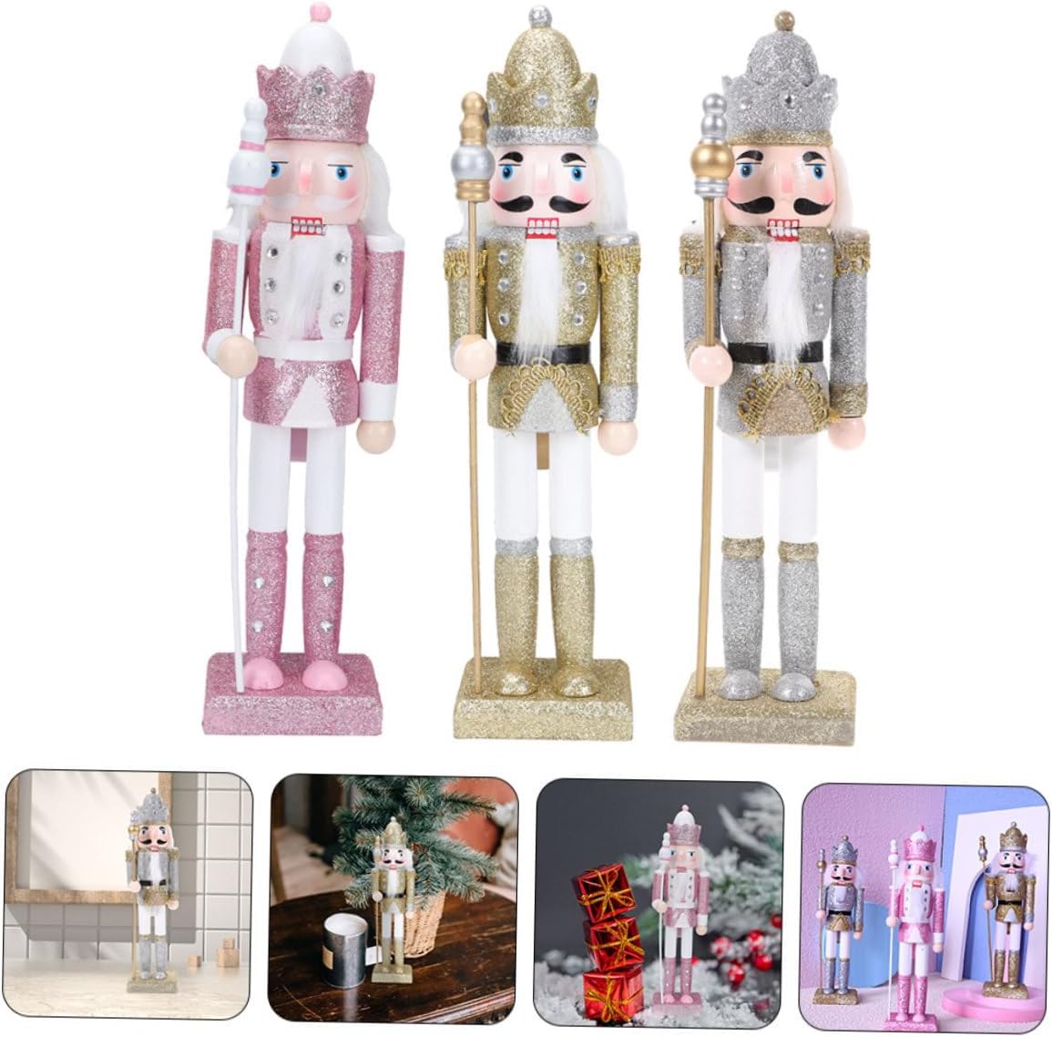 Luxshiny 3pcs Wooden Nutcracker Soldier Figures Set, Glitter Silver Gold Pink, Small Christmas Nutcracker Decorations for Indoor Holiday and Xmas Party Ornaments