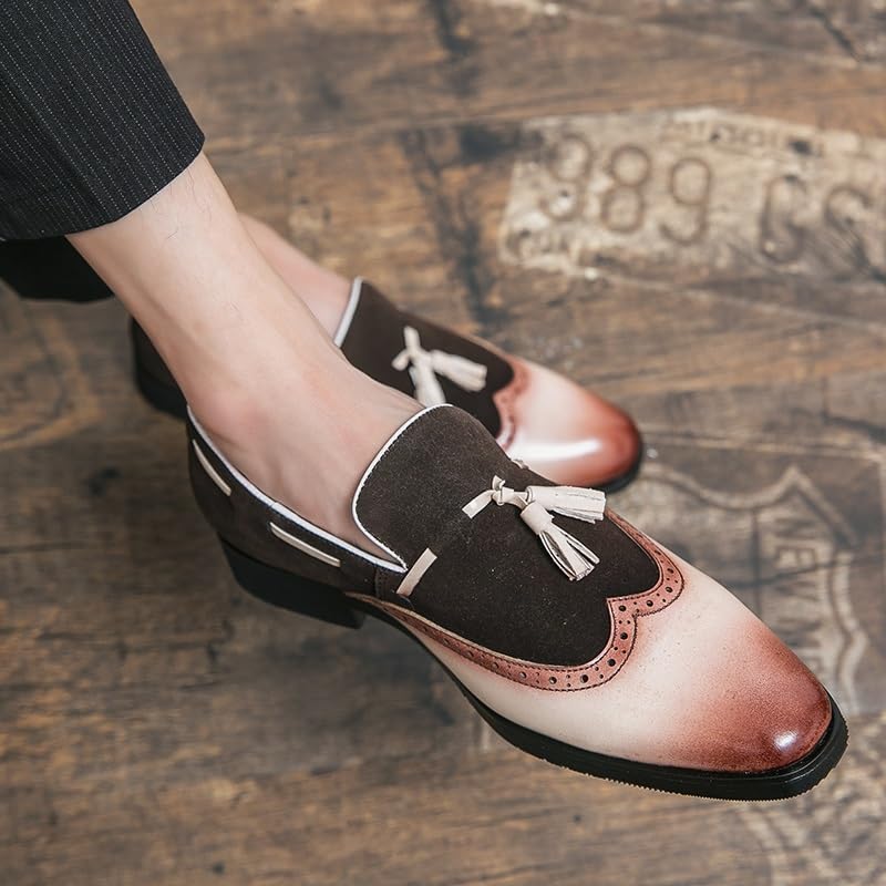 Formal Shoes for Men Slip On Square Burnished Toe Wing tip Two Tone with Tassel Boatshoes Low Top Block Heel Slip Resistant Working3