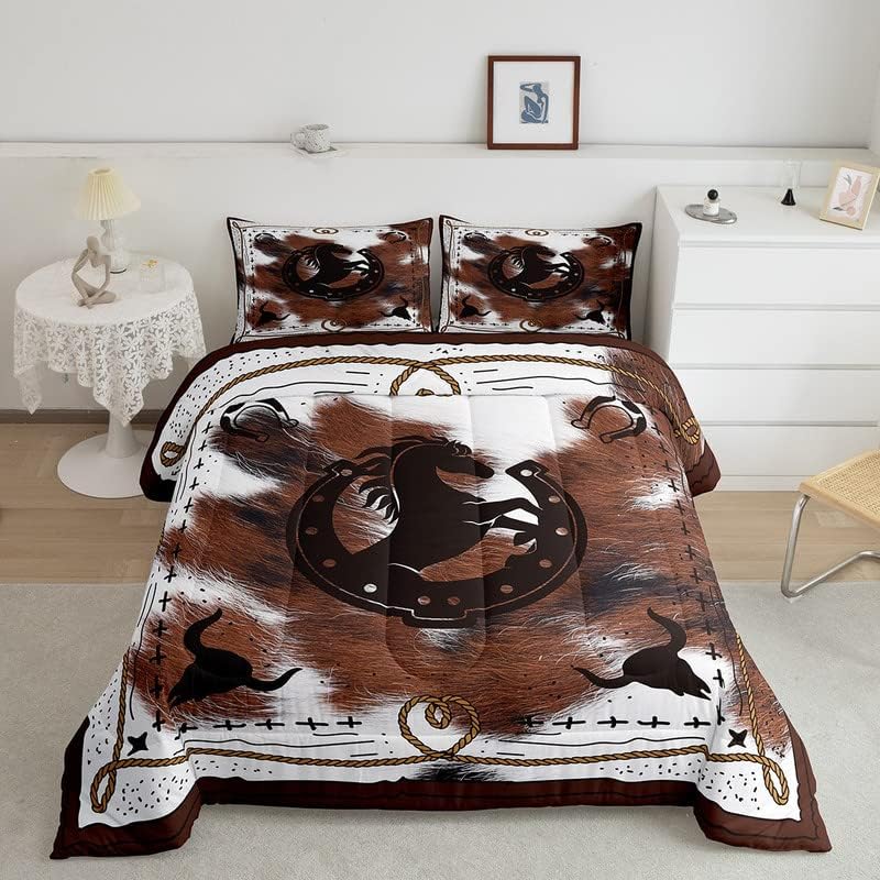 Feelyou Juego de edredón de piel de vaca para niños, juego de ropa de cama con patrón de caballo para niños, adolescentes, decoración de dormitorio,