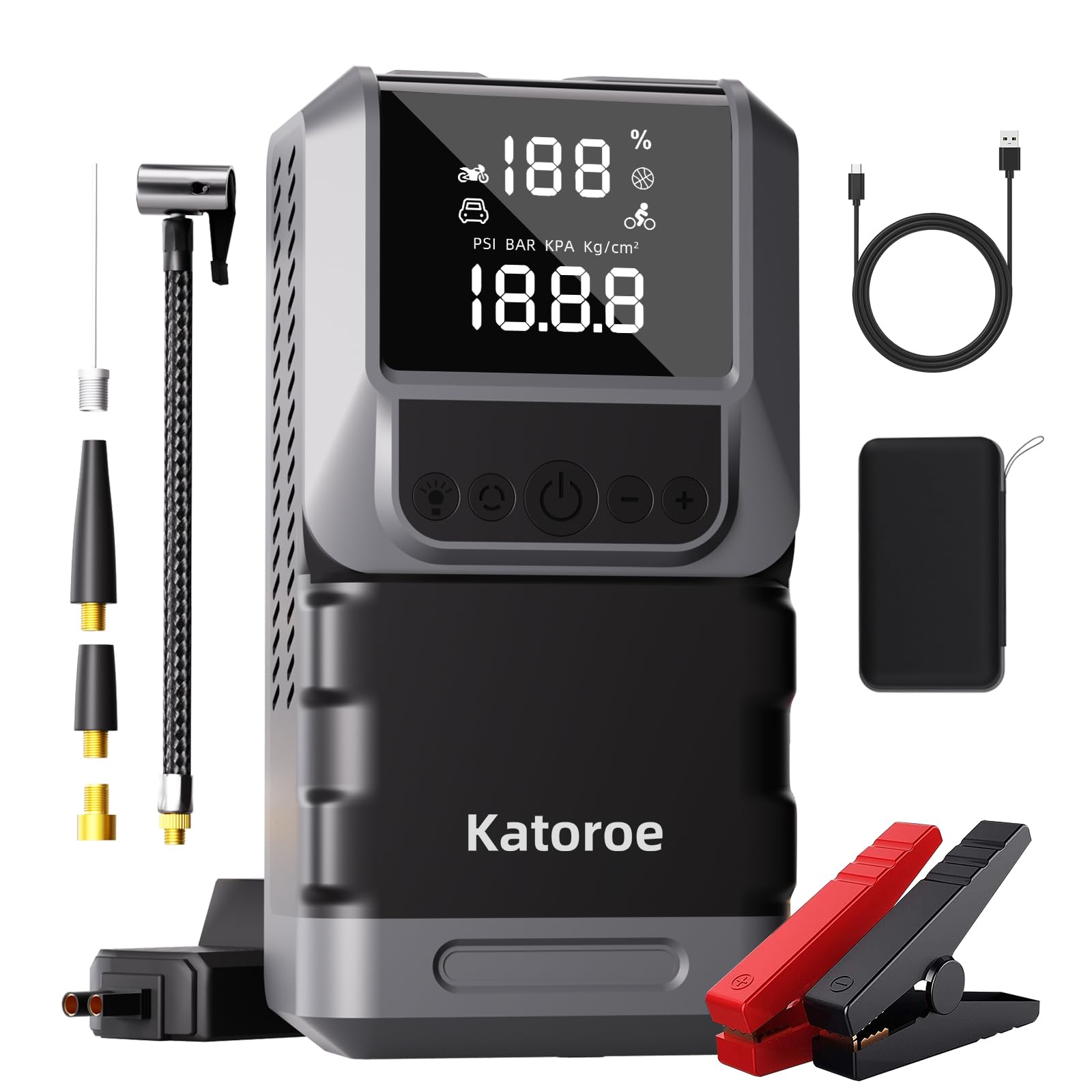 6000A Starthilfe Powerbank mit Kompressor 150PSI, 12V Auto Starthilfe Powerbank für 10L Benzin und 8L Diesel, Starter Powerbank mit Starthilfekabel, LED-Licht und LED Bildschirm