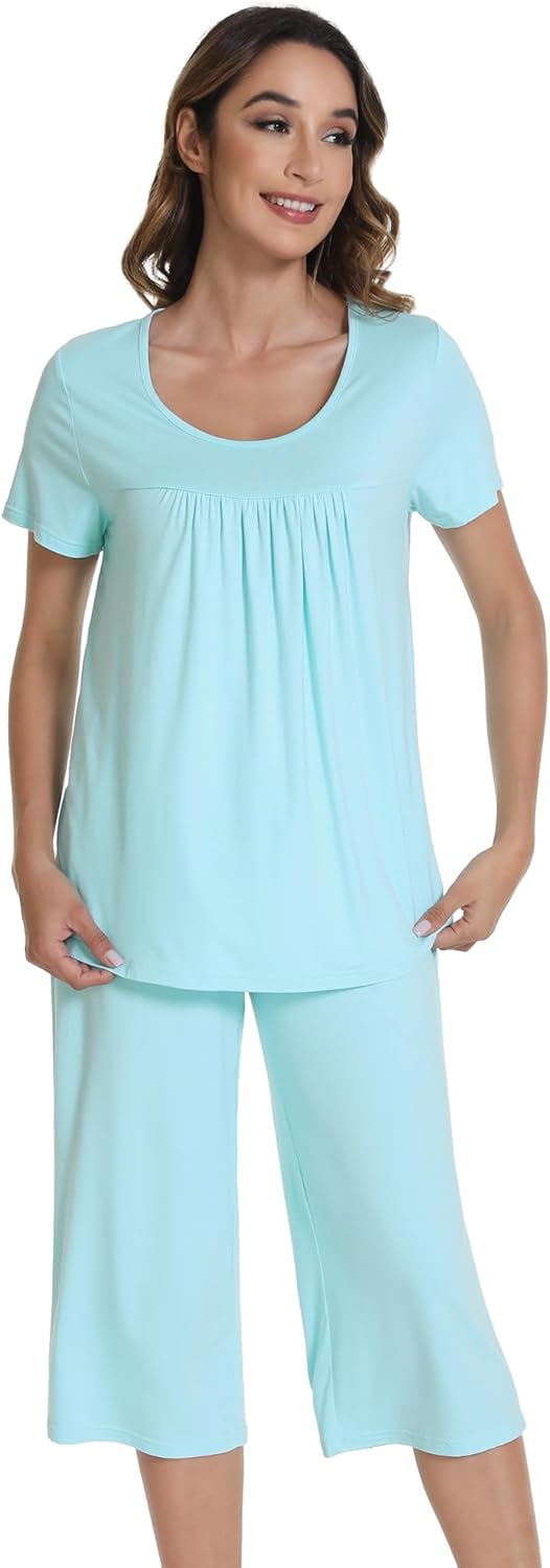 WiWi Pajamas for Women Soft Cooling Short Sleeve Sleepwear with Capri Pants Viscose from Bamboo Pjs Sets S-XXL - Image 4