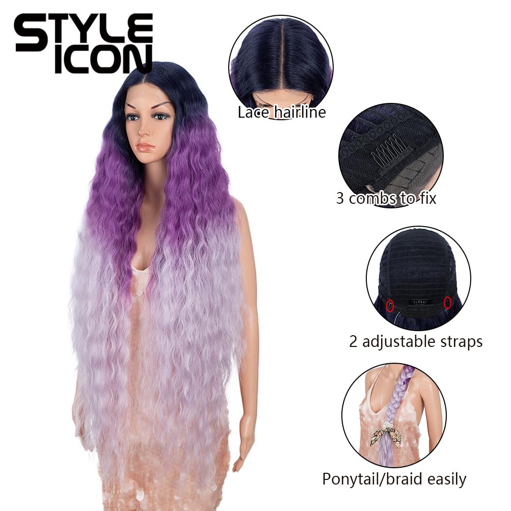 Style Icon 41" Ombre Purple Lace Front Wigs Long Wavy Synthetic Wigs with Baby Hair Half Hand Tied 130% Density Wigs (41", GTBV/PU/PU14)