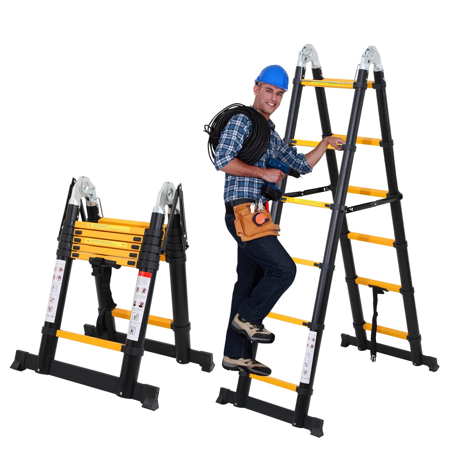 Lospitch 3.8m Escalera Plegable Aluminio, Escaleras Telescópicas Antideslizante Extensible multifunción, Carga máxima: 150 kg, Escaleras de Uso múltiple (1,9 + 1,9 M) Color Negro y Amarillo