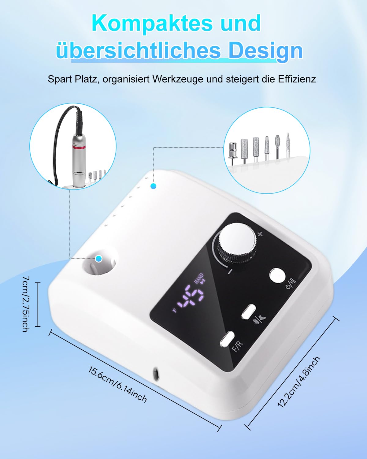 CozyZen Elektrische Nagelfräse Professional, 45000 U/min mit LCD-Display | Hand- & Fußsteuerung, leise, für Acryl- und Gelnägel, Maniküre & Pediküre, ideal für Salon und Zuhause