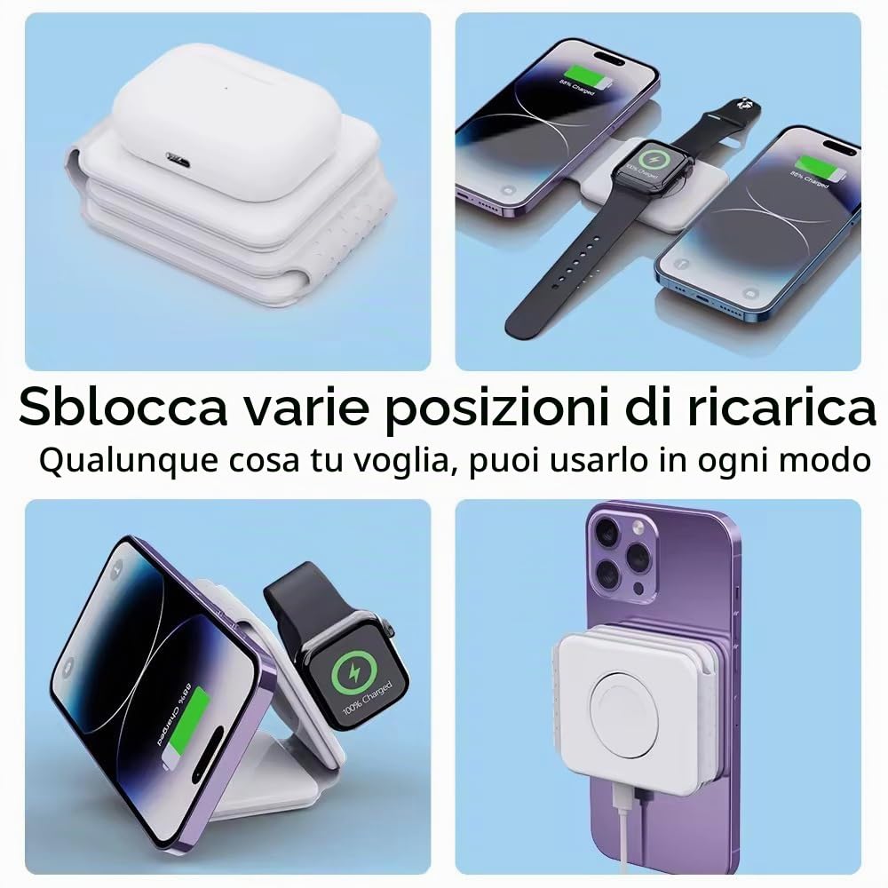 Stazione di ricarica 3 in 1 Caricatore da viaggio wireless pieghevole Samaray da 15 W Adattatore USB C da 20 W incluso!