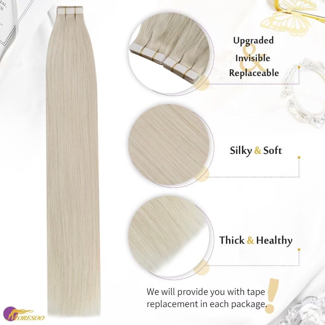 Moresoo Tape in Hair Extensions Human Hair 24 Inch Platinum Blonde Tape Extensions Human Hair Blonde Double Sides Tape-ins Invisible Natural Looking 10pcs/25g #60 - Image 2