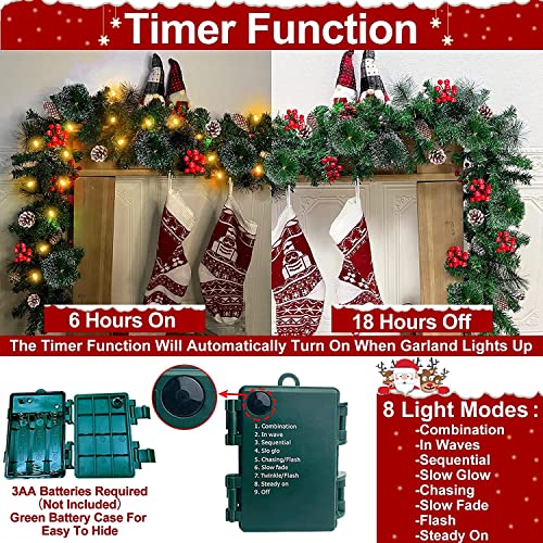 9 Ft By 10 Inch 80 Led Christmas Garland Decor Lights Timer 12 Flash Mode Thick 300 Snowy Tips 198 Red Berry 18 Pinecone Battery Operated Prelit Xmas Garland Decoration Mantel Home Indoor #TOP2