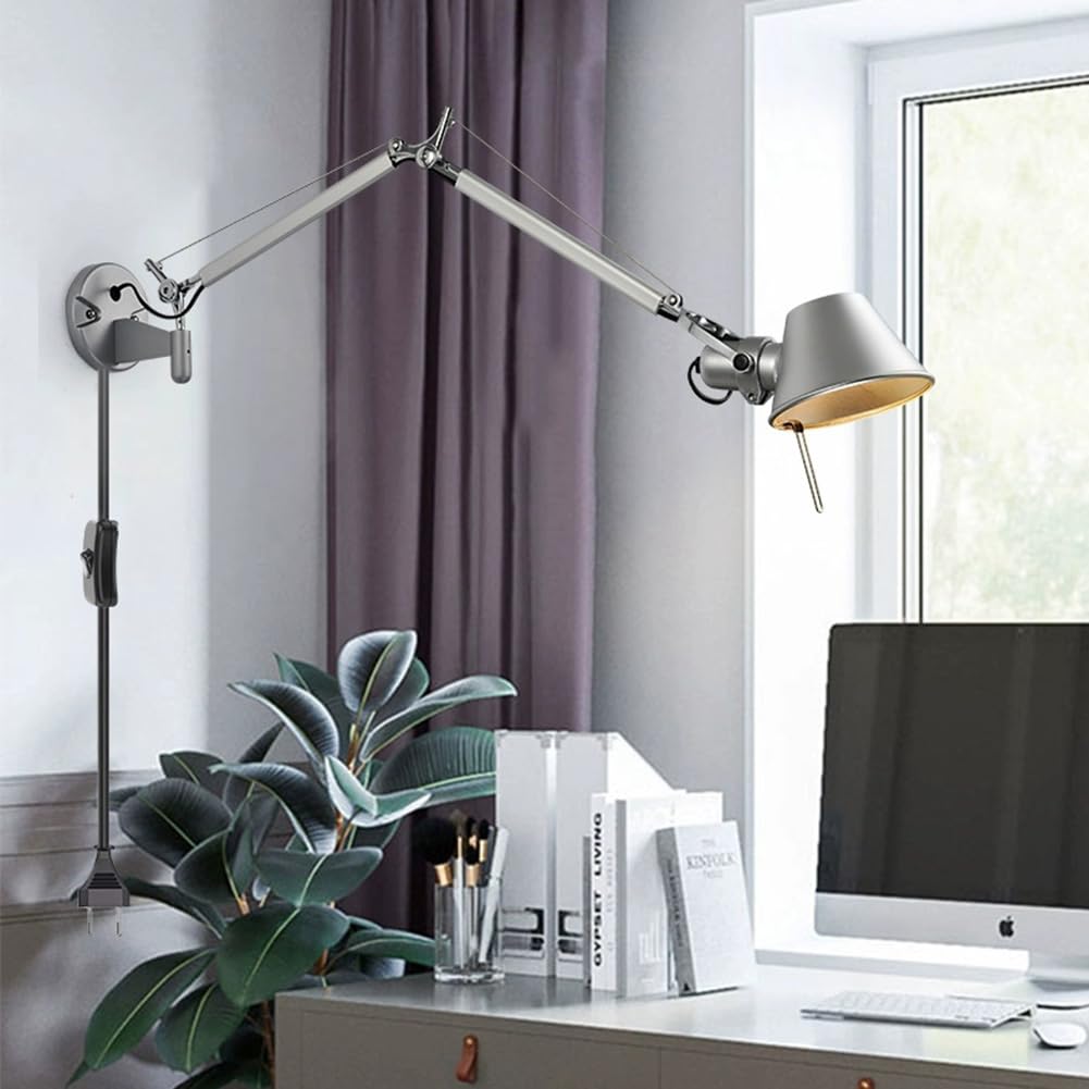 Verstellbar Wandleuchte Schwenkarm Vintage Wandlampe Lange Arm Nachttischlampe mit Schalter und Stecker Wand Leselampe mit Kabel 360° Drehbare Wandspot mit Gelenkarm Wandbeleuchtung Innen Vintage