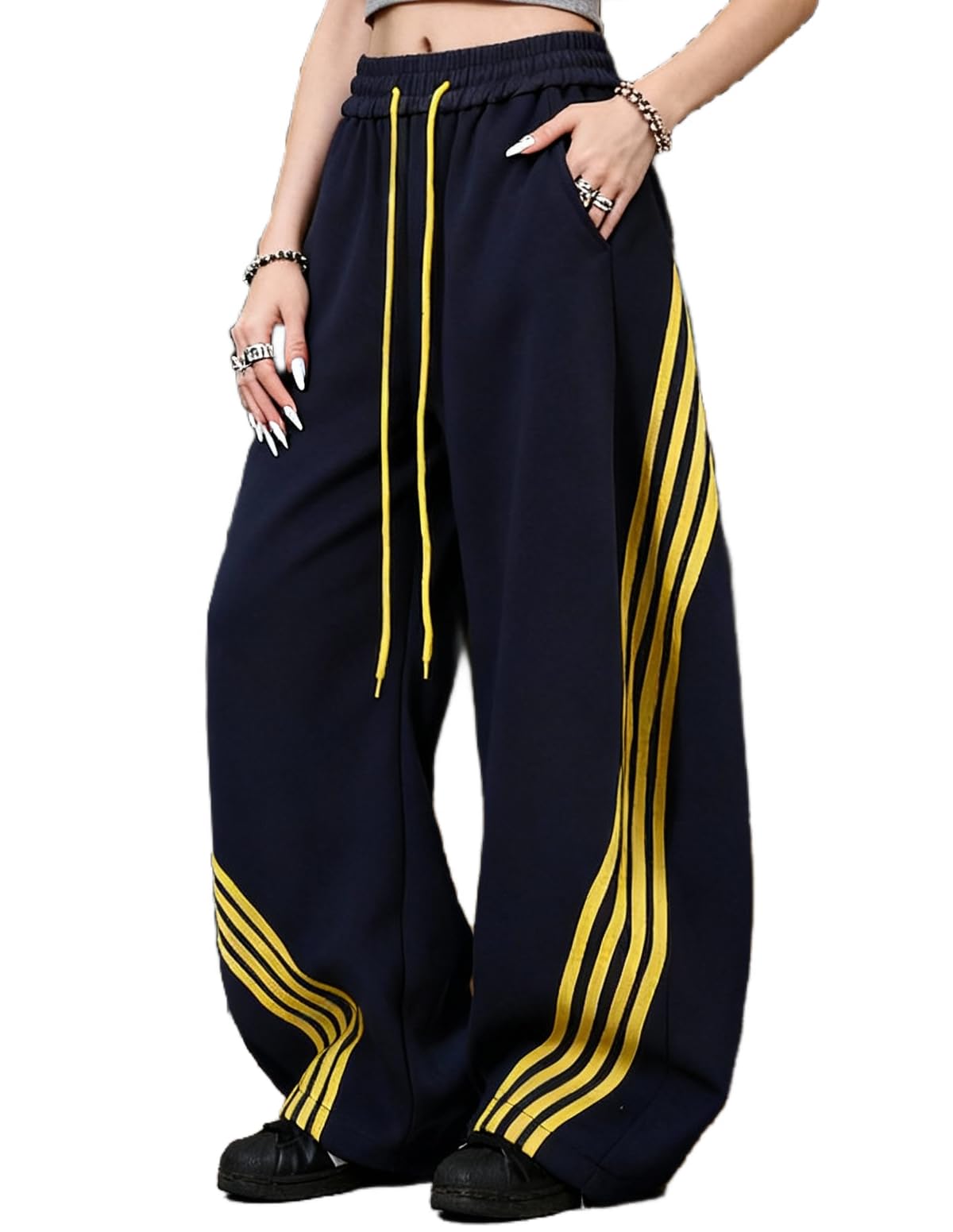 EMMIOL Women’s Y2K Baggy Striped Sweatpants, High Waisted Wide Leg Casual Pants, Joggers with Drawstring Waist and Cuffs