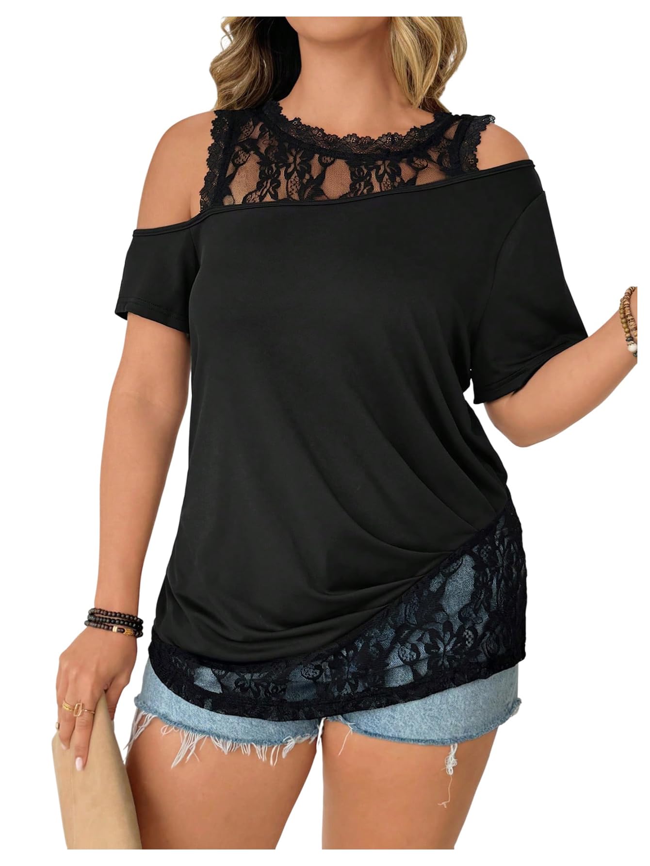 Women's Plus Size Lace Cold Shoulder T Shirt Short Sleeve Going Out Tops Tunics Shirts