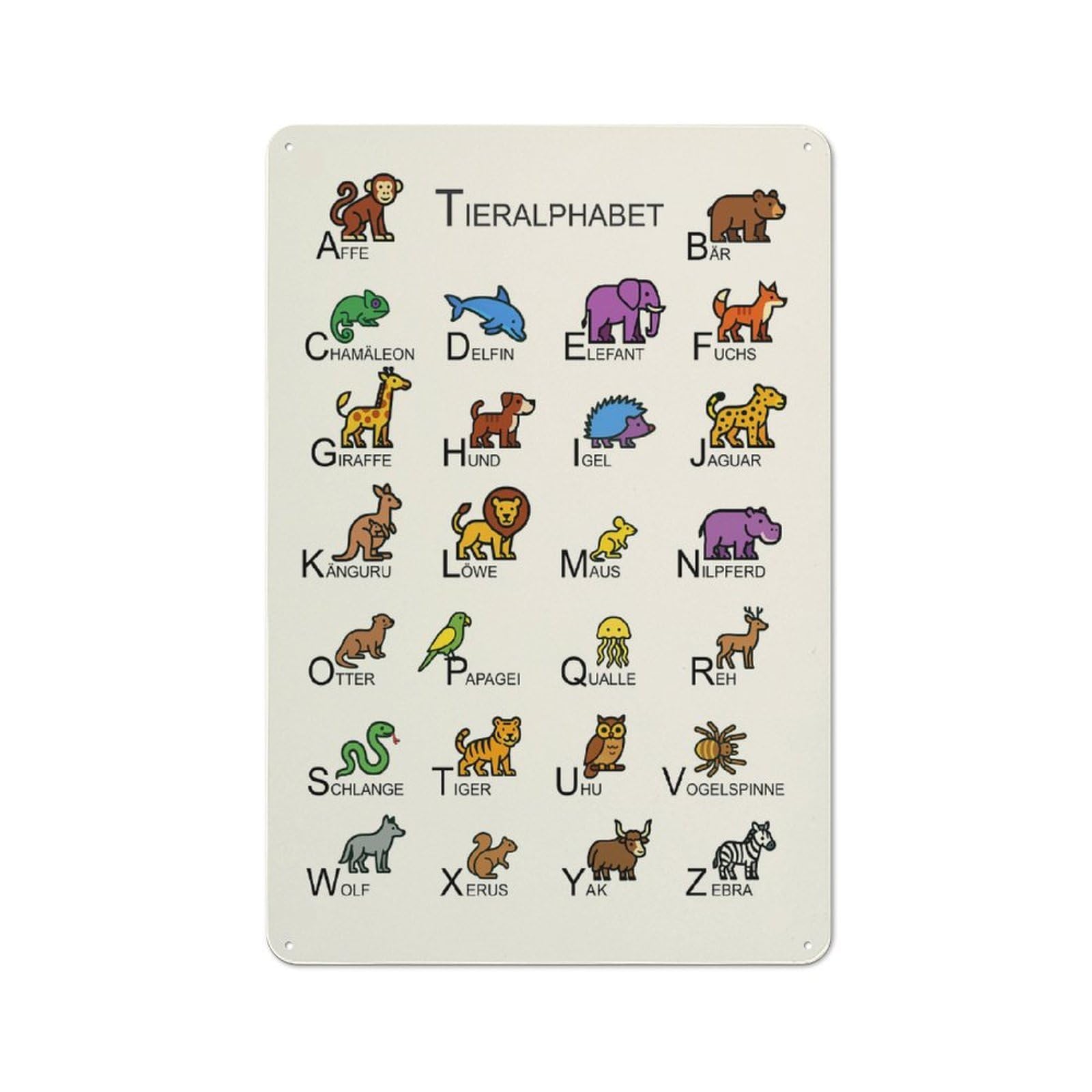 Junmoney Style-14 Tieralphabet German Animal Alphabet Illustration Vintage Metal Wall Sign 30X20cm For Kitchen Or Home Bar, For Garage, Workshop And Man Cave Decoration