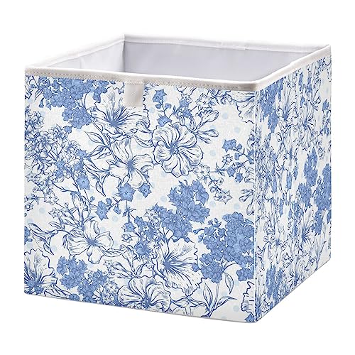 Kigai Blue Flowers Pattern Cube Storage Bin, 11x11x11 in Collapsible Fabric Storage Cubes Organizer Portable Storage Baskets for Shelves, Closets, Laundry, Nursery, Home Decor
