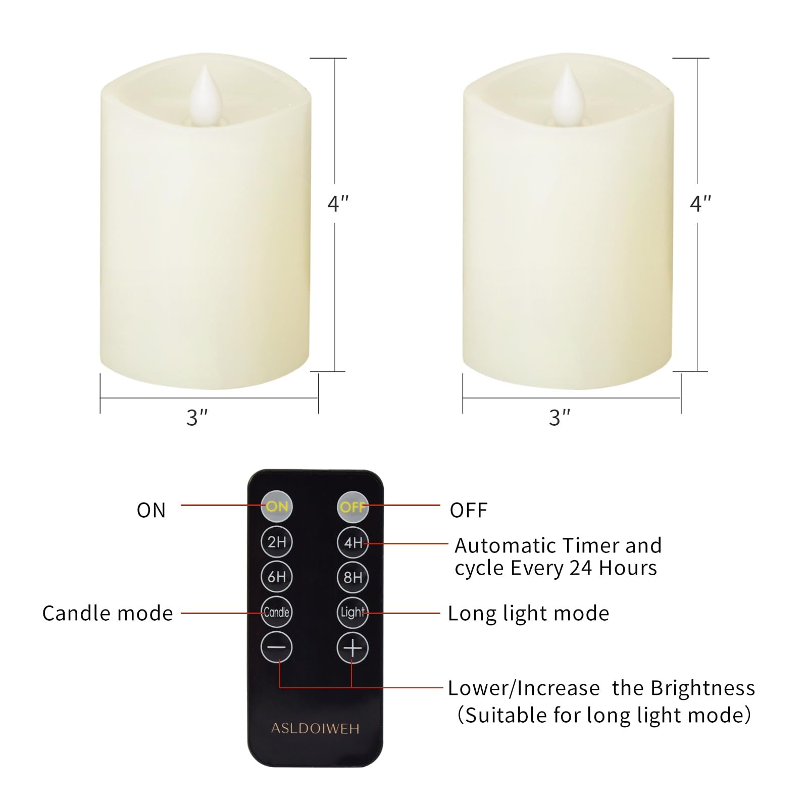 Set di 2 candele tremolanti senza fiamma 3 x 4, durata della batteria 2AA, 600 ore, candele tremolanti con timer, candele senza fiamma da 10,2 cm, con telecomando, per decorazioni natalizie per