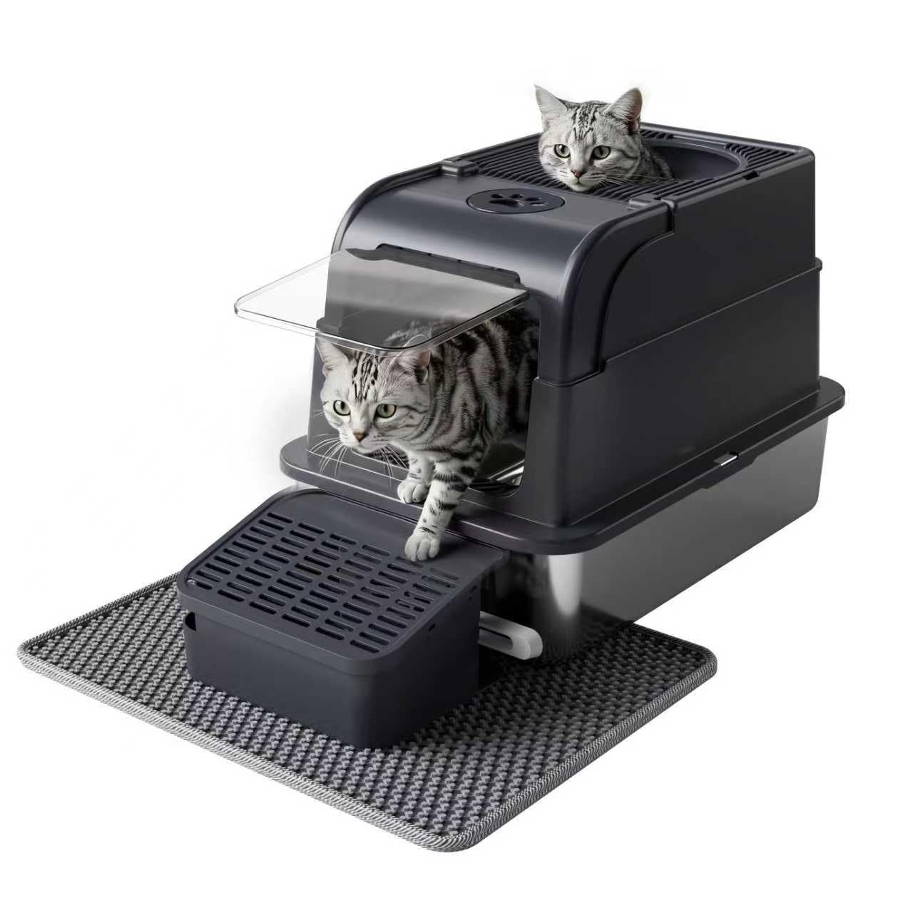 Katzentoilette Edelstahl - Katzenklo XXL Premium mit Deckel 3 in 1 Katzenklo 60 x 46 x 41 cm/Inklusive Rampe und Streumatte