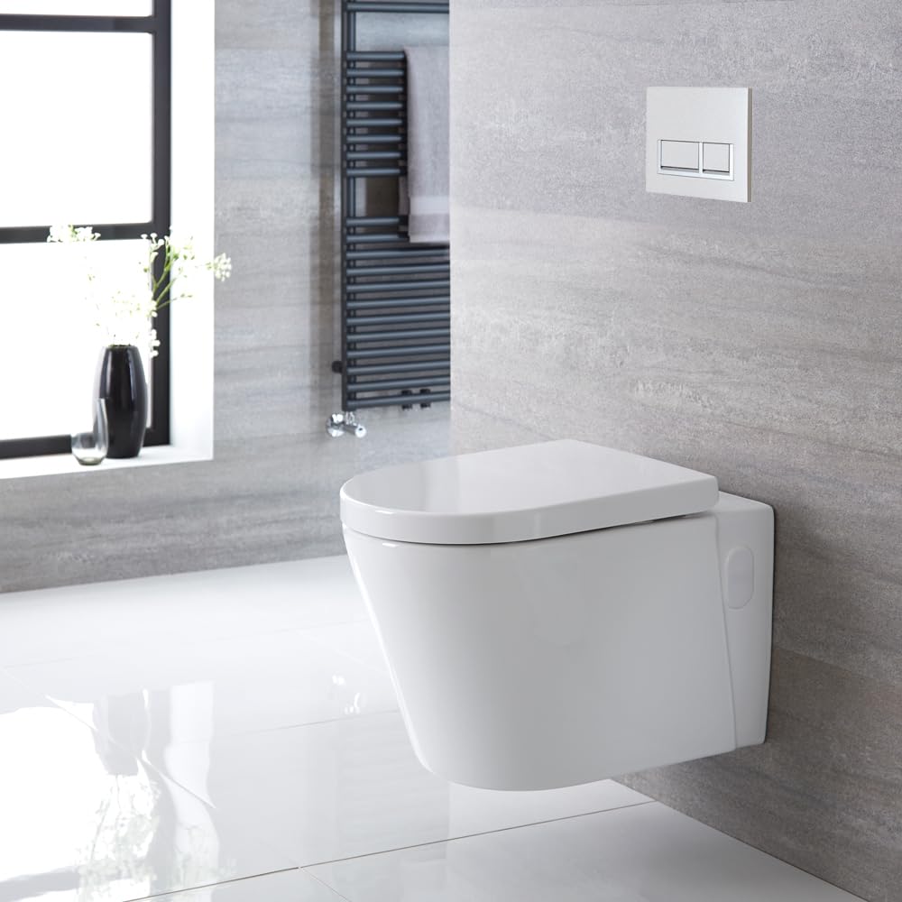 Milano Ballam White Wall Hung Round Toilet Tall Frame Dual Flush Cistern - White Rectangular Plate