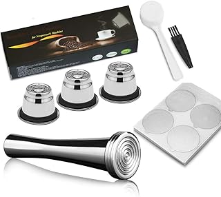i Cafilas Kit Tamper à café pour Nespresso machine à café en inox + 3X Capsules Nespresso Rechargeable Inox + 100X Couvercles en Aluminium + Cuillère de mesure + Brosse de nettoyage