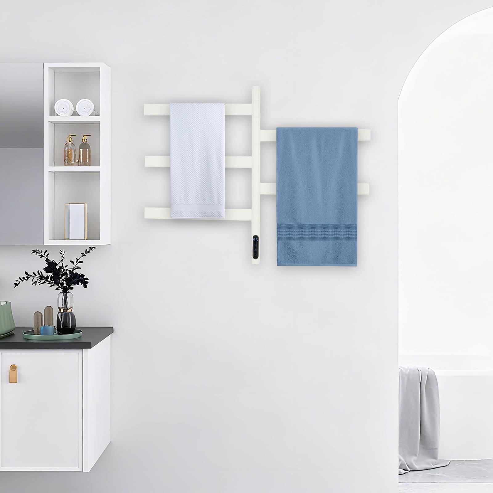 Weißer 5-stabiger Elektrischer Handtuchwärmer – Drehbar | Schnellheizung & Timer-Funktion | Ideal Für Badezimmer | Wellnessbereich & Gäste-WC – Stilvoll | Praktisch & Platzsparend