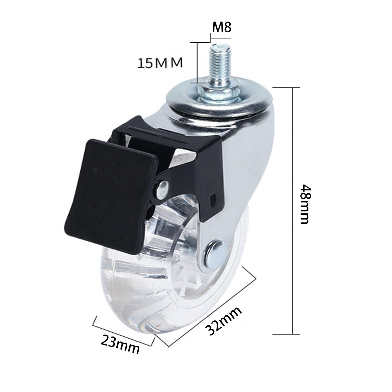 koła skrętne do Meble - M8 x 15 Gwintowany Kołek łożyska kulkowe Przezroczysty Guma Przewożenie Koła z Hamulec (32mm) - do dużych obciążeń płynna mobilność