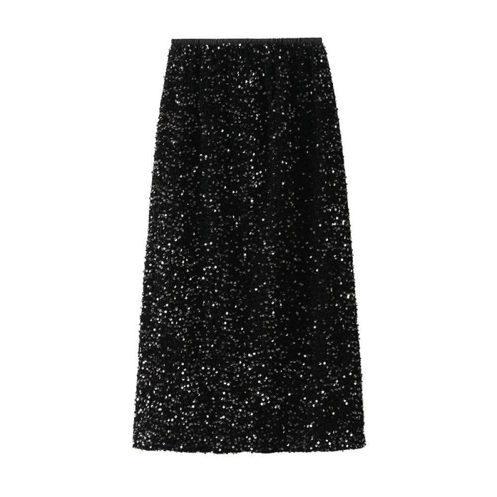 Gonne,Gonna Dritta Vintage con Paillettes da Donna Nera Sexy Spacco Posteriore Gonna Avvolta sui Fianchi con Fodera Rock Punk Gonna Longuette Cocktail Party Gonne Lunghe per Ragazze Signore