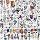 Rejaski 32 Sheets 98+ PCS Watercolor Animals Tiger Lion Skull Temporary Tattoos For Women Men Adult, Fake Tattoos That Look Real And Last Long, 3D Realistic Temp Fox Rose Flower Tattoo Snake Wolf Kids