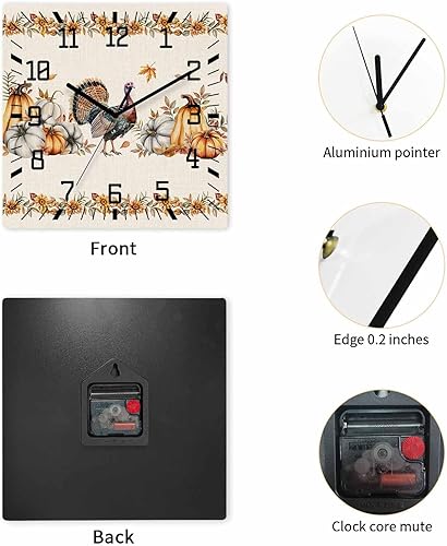 Miniatura 4 de Fall Turkey Wooden Wall Clock Silent Non Ticking, Thanksgiving Botanical Country Pumpkins Square Wall Clock Battery Operated, Decor Clock for Home