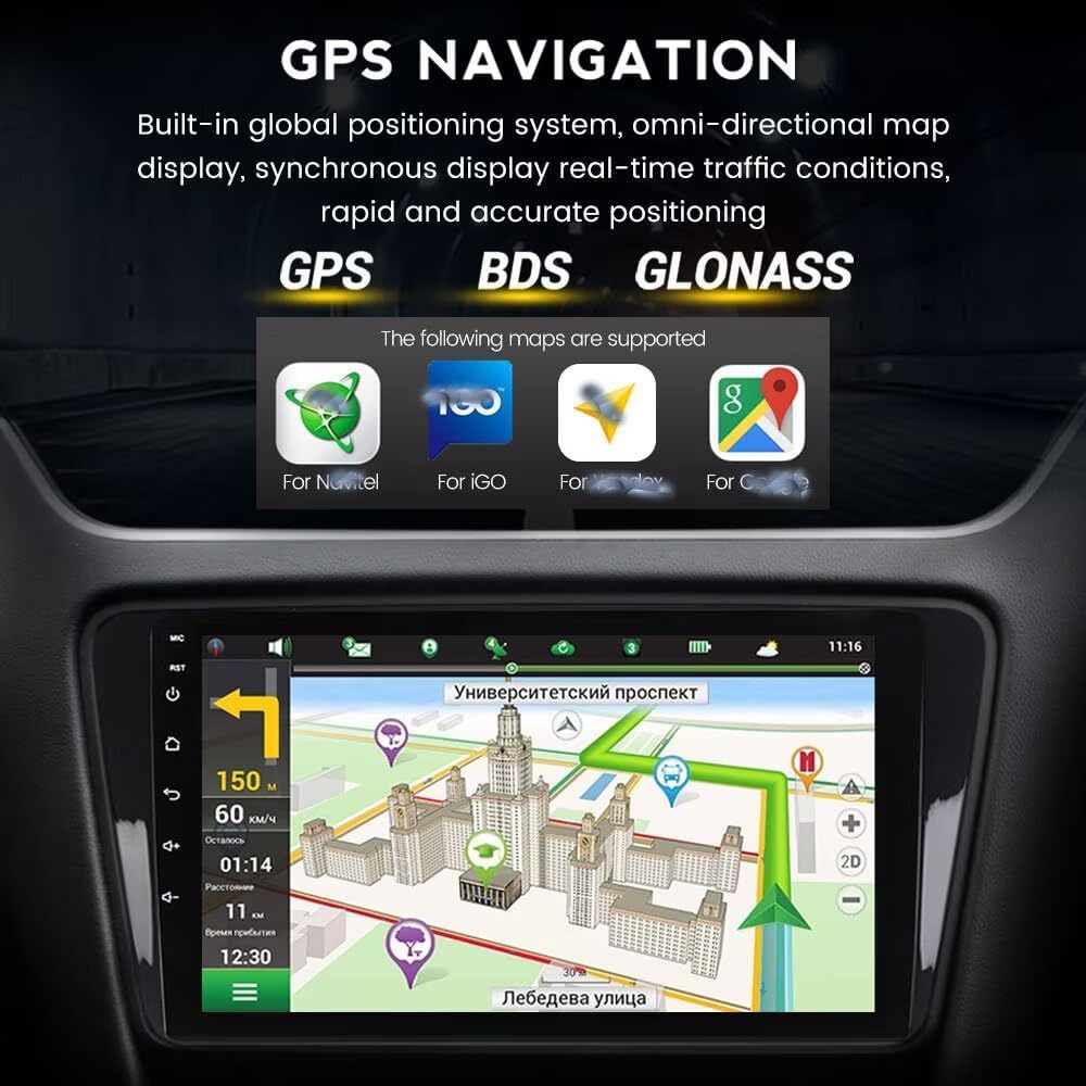 Car stereo display showing a GPS navigation map with route information and supported map types (GPS, BDS, GLONASS).