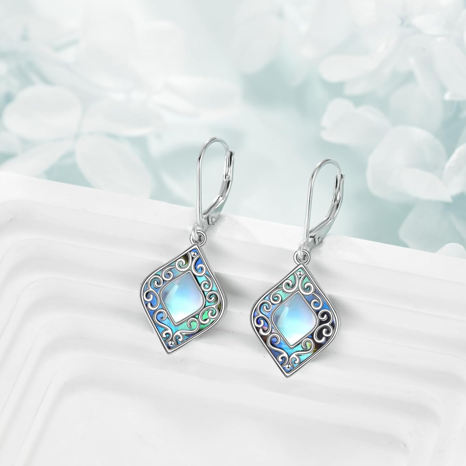 Filigree Teardrop Drop Dangle Earrings for Women 925 Sterling Silver Moonstone Leverback Earrings Abalone Jewelry Gifts - Image 3