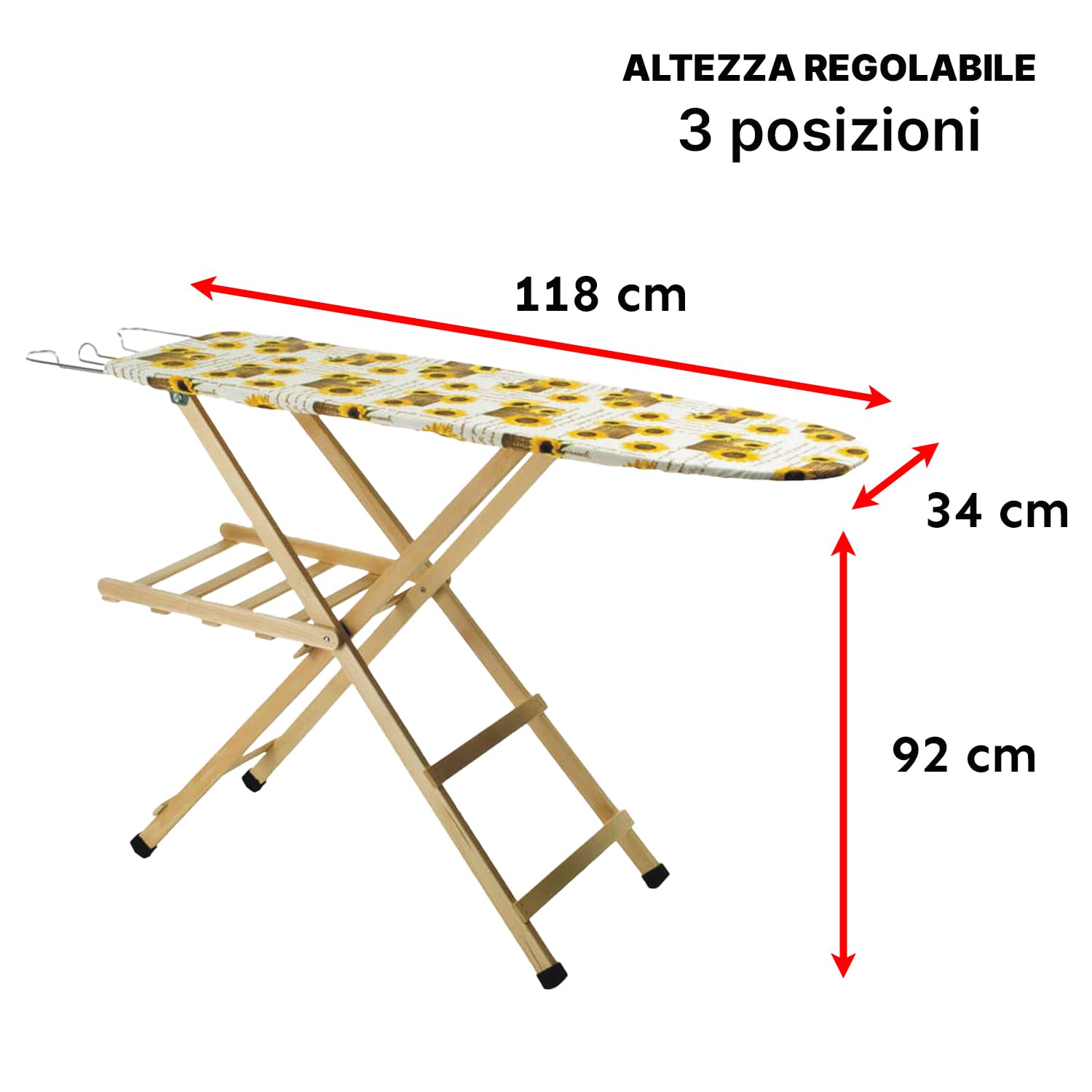Sicignano Tavolo da Stiro in Legno Asse da Stiro Dimensioni 118x34x92h cm Regolabile in 3 Posizioni Pieghevole Leggero Porta Biancheria Porta Caldaia Made in Italy (Faggio Naturale)