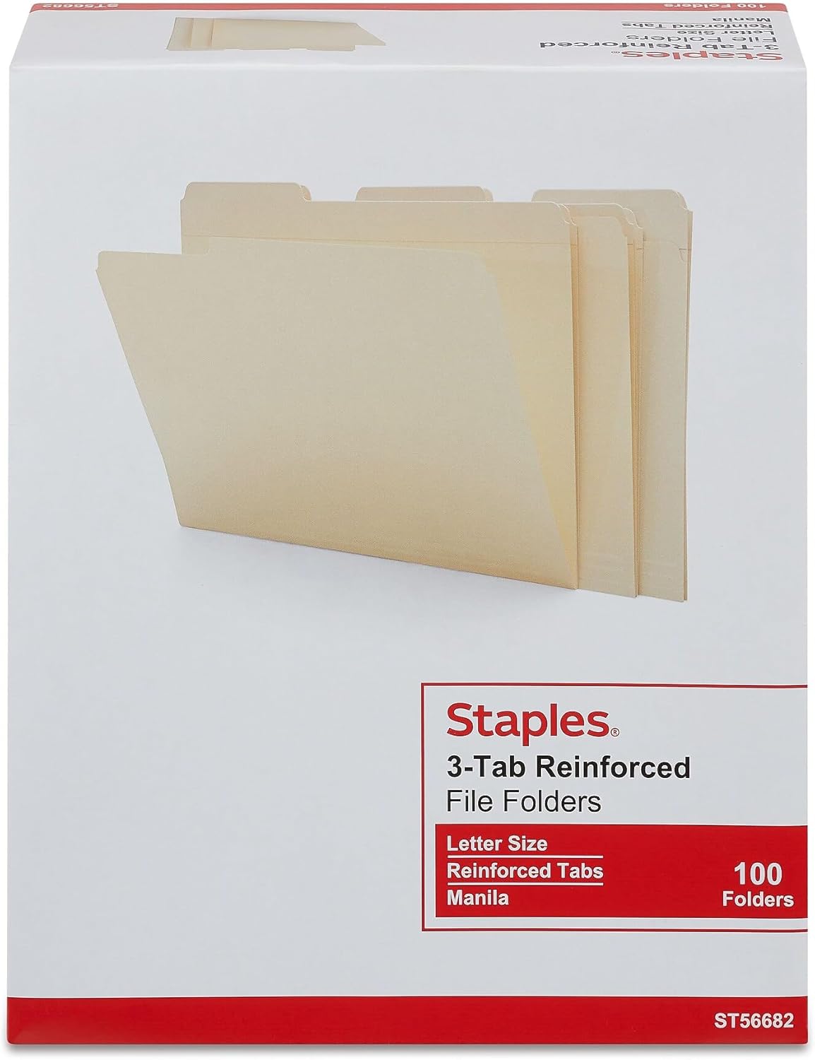Staples 30% Recycled Reinforced File Folders, Letter Size, 1/3‑Cut Tabs, Manila, Durable Eco‑Friendly Paper Stock, 100/Box