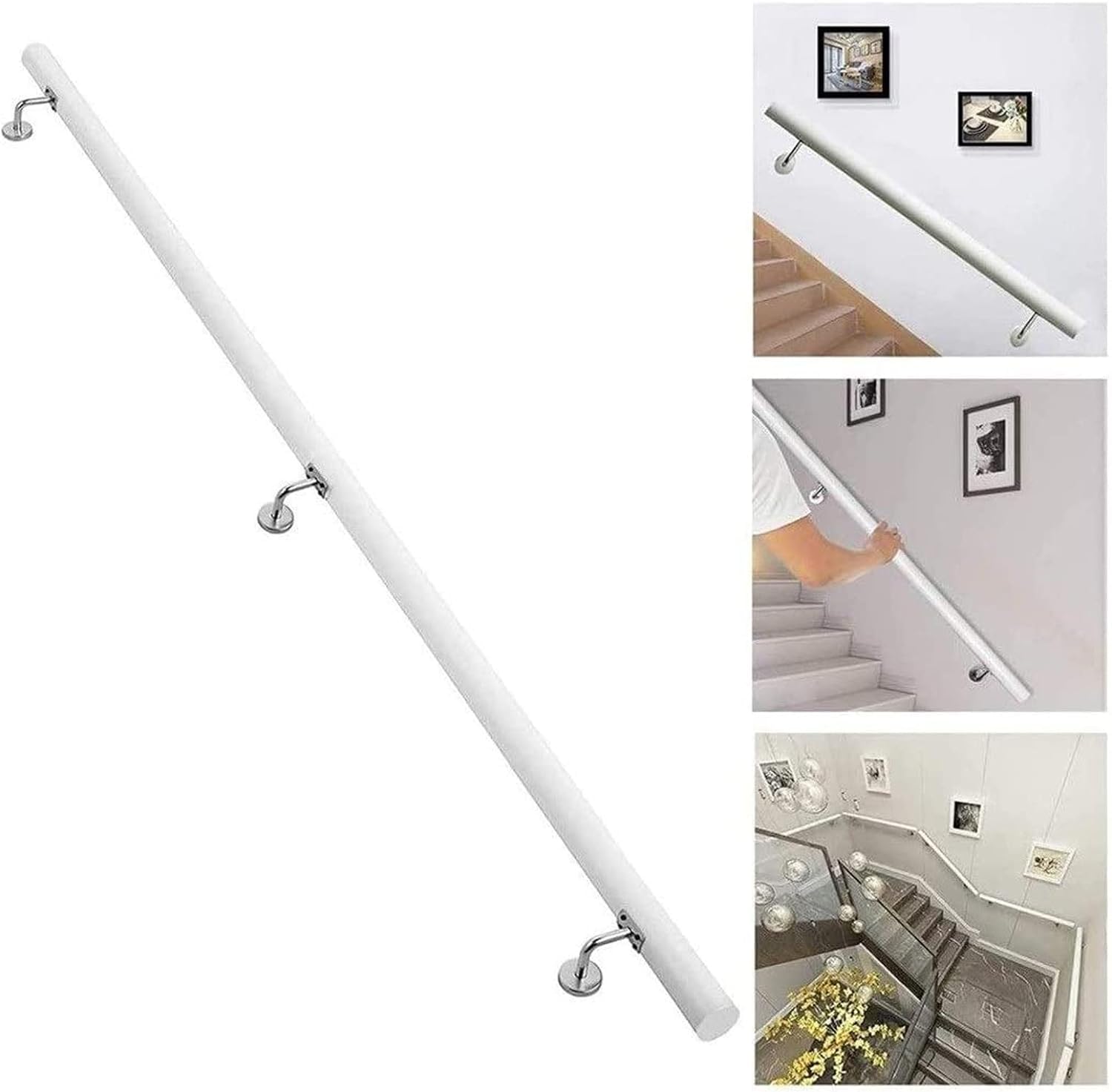 LWJSOCP Wooden Handrail for Stairs White Complete Kit 1.5M Indoor Wall Mounting 150cm Grab Bars