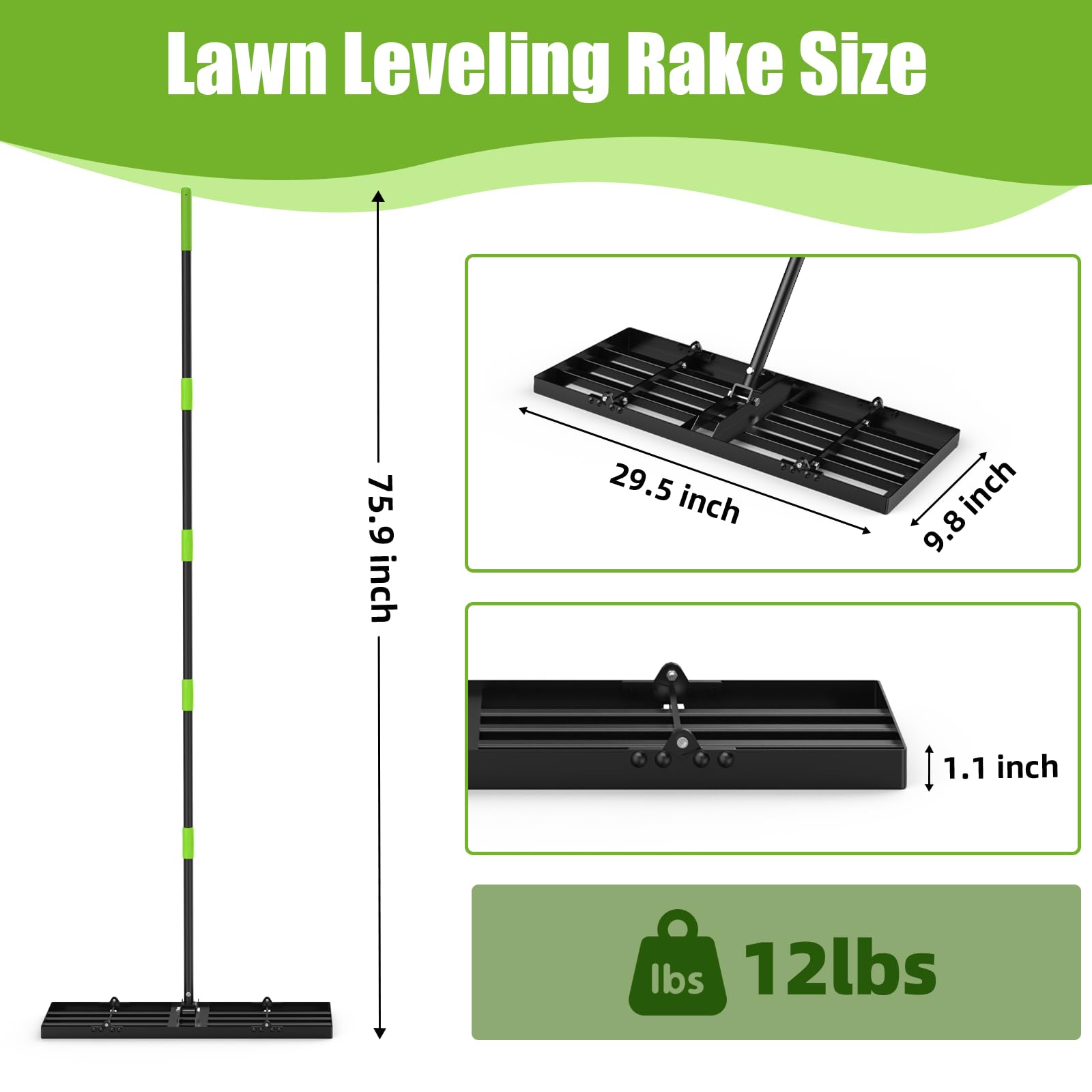 GARDTECH Rasenrakel 75x25 cm | Nivellierrechen aus Edelstahl mit Anti-Kipp-Design | 195 cm Verstellbarer Stiel für Rasen, Erde, Sand, Topdressing | Rasenrechen für Garten, Golfplatz