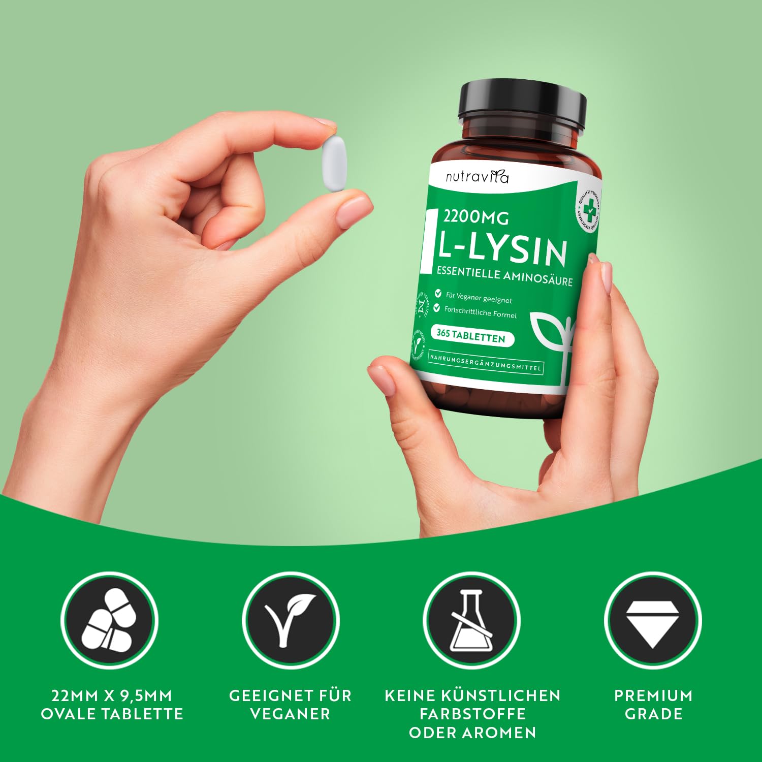 L-Lysin Tabletten Hochdosiert mit 2200 mg pro Tagesdosis - 365 Tabletten (6 Monate) - Essentielle Aminosäure - Aus pflanzlicher Fermentation - Laborgeprüft - für Vegetarier geeignet - Nutravita